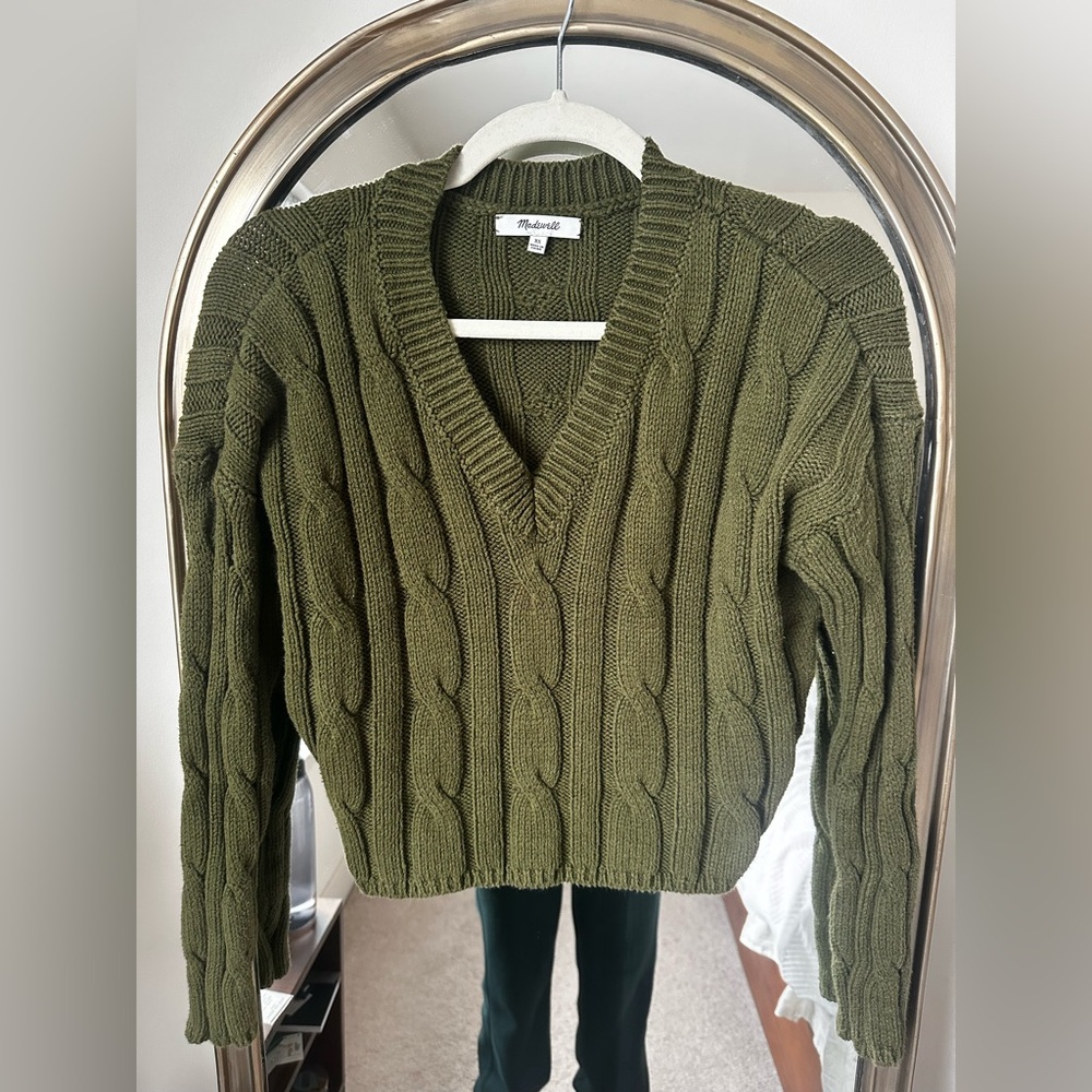Madewell Green V-Neck Cable Knit Sweater